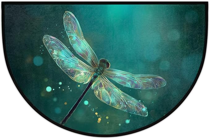 Dragonfly Half Round Door Mat Welcome Entrance Mat Bath Bathroom Rug | Dragonfly Welcome Entrance Mat Anti-Slip Half Moon Bath Mat Semi Circle Rug Indoor Outdoor Kitchen Rug