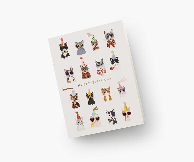 RIFLE PAPER CO. Cool Cats Birthday Cards, Boxed Set of 8 Folded Cards with Metallic Gold Envelopes, Full-Color Illustration, Blank Interior, 4.25" L x 5.5" W