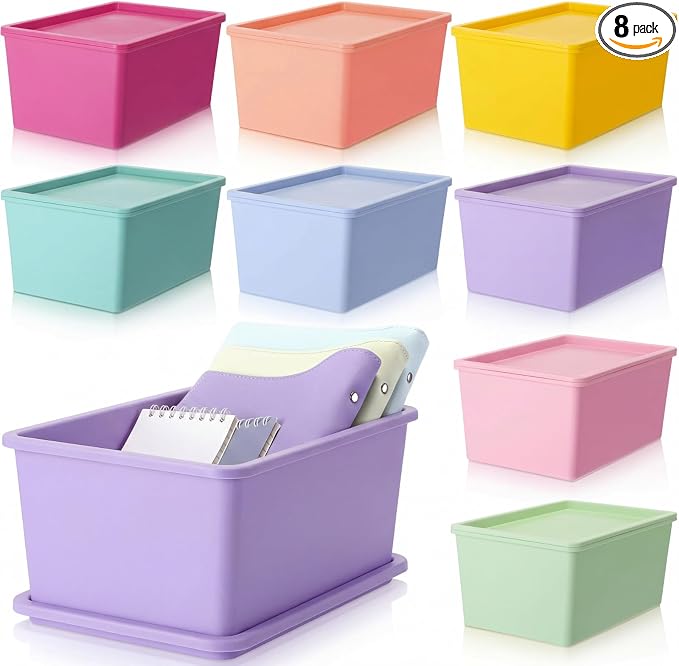 Menkxi 8 Pcs Storage Bins with Lids Small Plastic Storage Containers Stackable Storing Baskets Box Cute Organizer Bins for Organizing Shelves (Mixed Color)