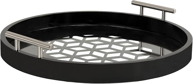Kate and Laurel Caspen Cut Out Pattern Decorative Round Tray with Silver Metal Handles; 16 x 16; Black and Silver; Modern Glam Serving Tray with Handles for Living Room Decor