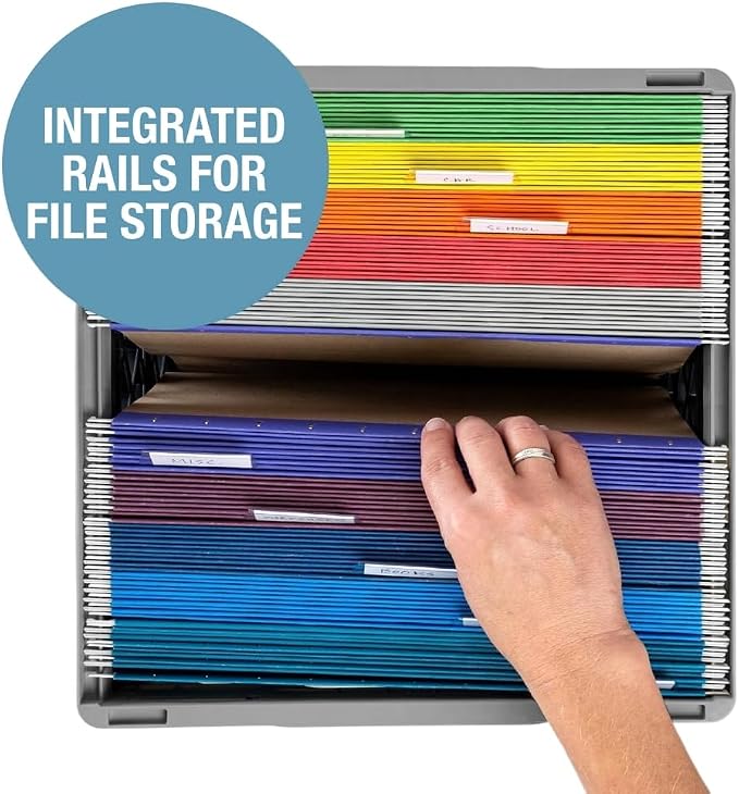 CleverMade Collapsible Milk Crate, 25L, 50 lb, Obsidian | Built-in rails hold letter-size hanging files. Interlocking crates stack open or folded and carry up to 50 lb each.