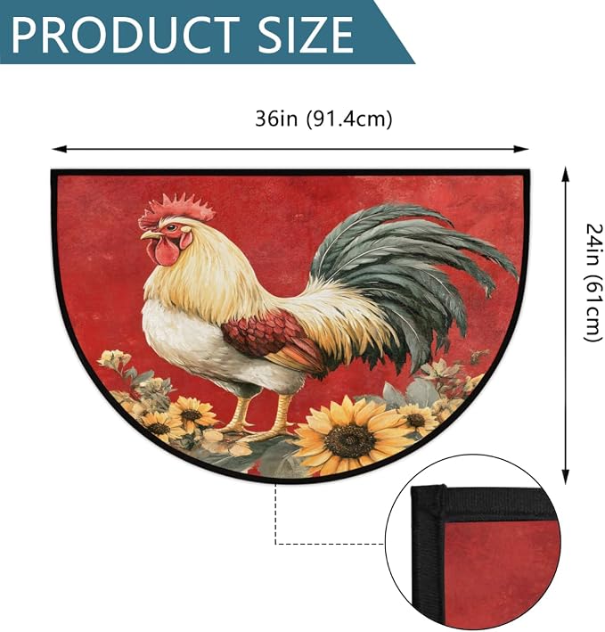 Pardick Half Round Door Mat Vintage Rooster Red Anti-Slip Semi Circle Rug 24X36 Indoor Door Mat Half Moon Bath Mats, Washable Decorative Welcome Floor Mats for Kitchen Bathroom Hearth Fireplace,Q-7