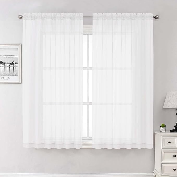 Lecloud White Sheer Curtains 63 Inch Length 2 Pcs, Light Filtering Rod Pockets by Lecloud