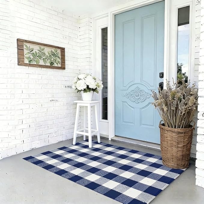 Navy Blue and White Buffalo Plaid Rug 3' x 5', Washable Farmhouse Non-Slip Checkered Doormat, Indoor Outdoor Floor Mat for Living Room, Bedroom, Entryway, Kitchen, Laundry Room