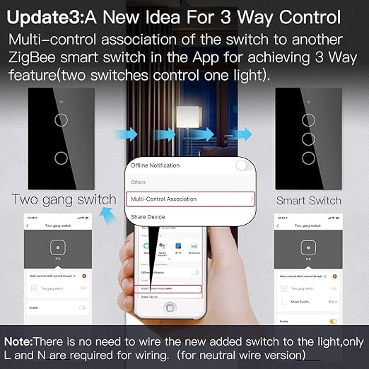MOES ZigBee Smart Touch Wall Light Switch,Requires Tuya ZigBee Hub,No Neutral Wire/N+L Wiring,No Capacitor,Smart Life Tuya 2/3 Way Remote Control, Work with Alexa Google Home, 2MQTT,2 Gang Black