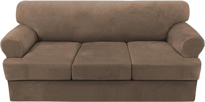 H.VERSAILTEX Sofa Cover 4 Piece T Cushion Sofa Slipcovers Thick Velvet Couch Cover Stretch T Cushion Sofa Covers for 3 Cushion Couch with 3 Individual T Cushion Covers, Mocha