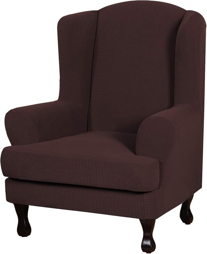H.VERSAILTEX 2 Piece Stretch Jacquard Wingback Chair Covers Slipcovers Wing Chair Covers (Base Cover Plus Seat Cushion Cover) Furniture Covers for Wingback Chairs, Form Fitted Thick Soft, Chocolate