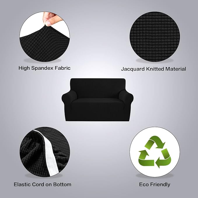 H.VERSAILTEX Stretch Couch Cover Slip Covers for Sofas/Couches 2 Cushions Pet Couch Covers for Sofa 1 Piece with Elastic Bottom, Textured Checked Jacquard Fabric(Loveseat 58"-70" Wide, Black)