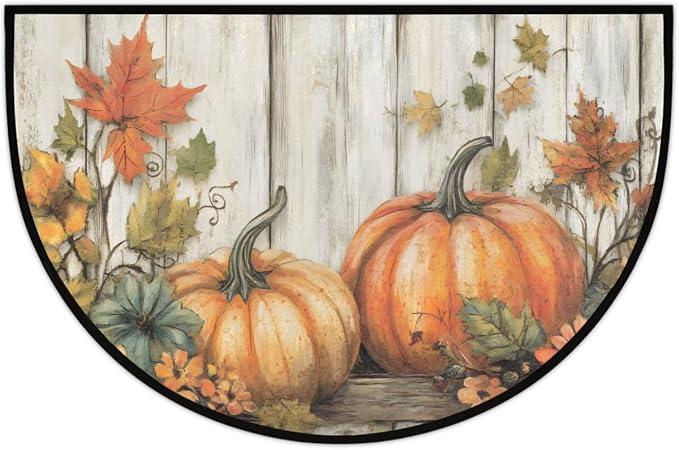 Pardick Half Round Door Mat Vintage Pumpkin Wood Anti-Slip Semi Circle Rug 24X36 Entrance Welcome Mats Indoor Outdoor Door Mat, Washable Decorative Floor Mats for Kitchen Bathroom Hearth Fireplace