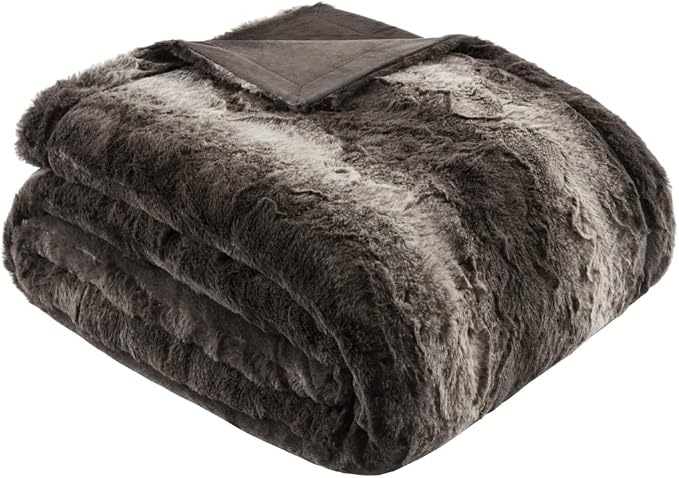 Madison Park Zuri Faux Fur Reversible Throw Blanket, 50 x 60 in, Brown | Oversized Soft Plush, Luxury, Animal Stripes, Mink Reverse, Modern, All Season, for Bed Sofa Couch, OEKO-TEX Certified