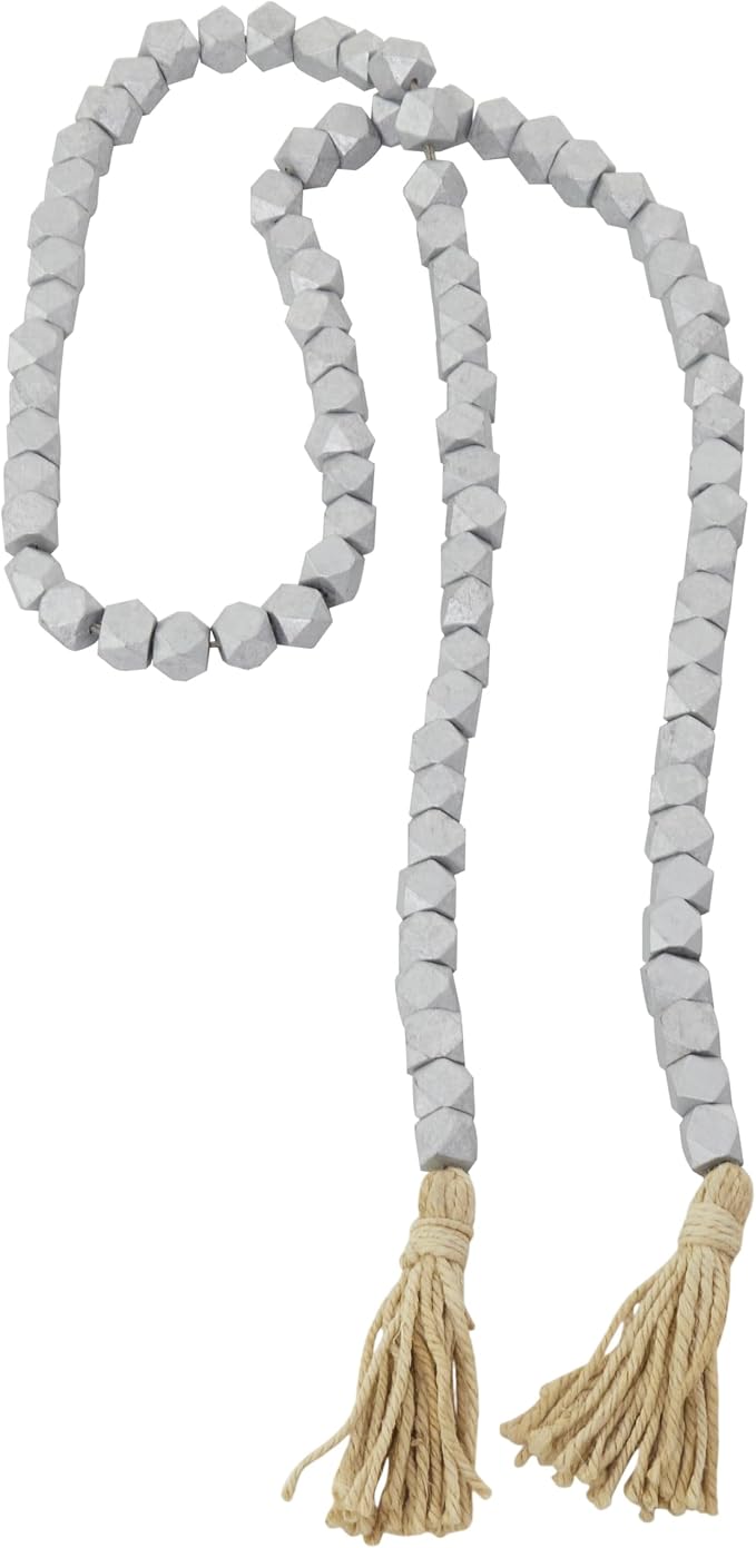 Deco 79 Mango Wood Handmade Hexagon Metallic Carved Geometric Long Beaded Garland with Tassel, 80" x 1" x 1", Silver
