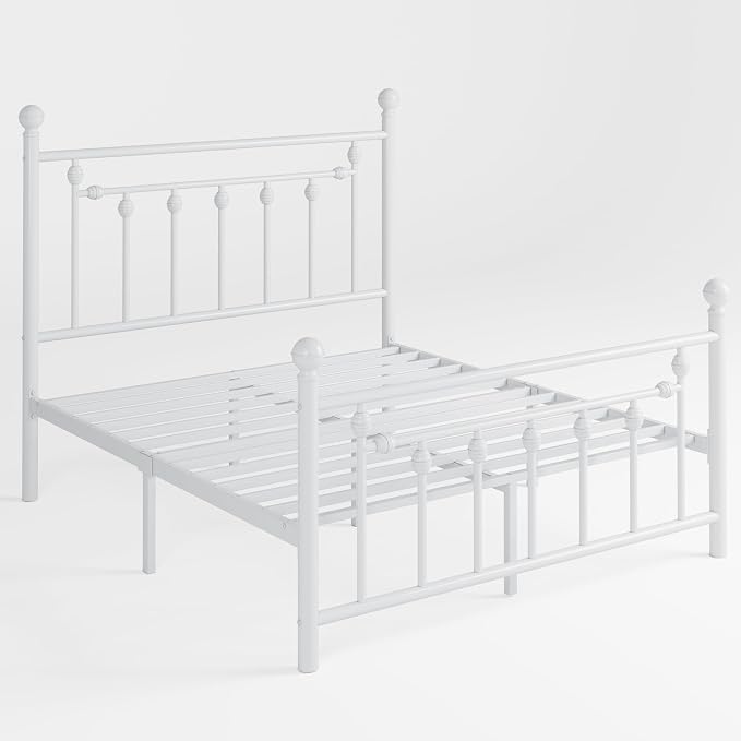 SHA CERLIN 14" Full Size Metal Platform Bed Frame/Victorian Headboard and Footboard/Steel Slats Mattress Foundation for Storage/No Box Spring Needed/Noise Free/White