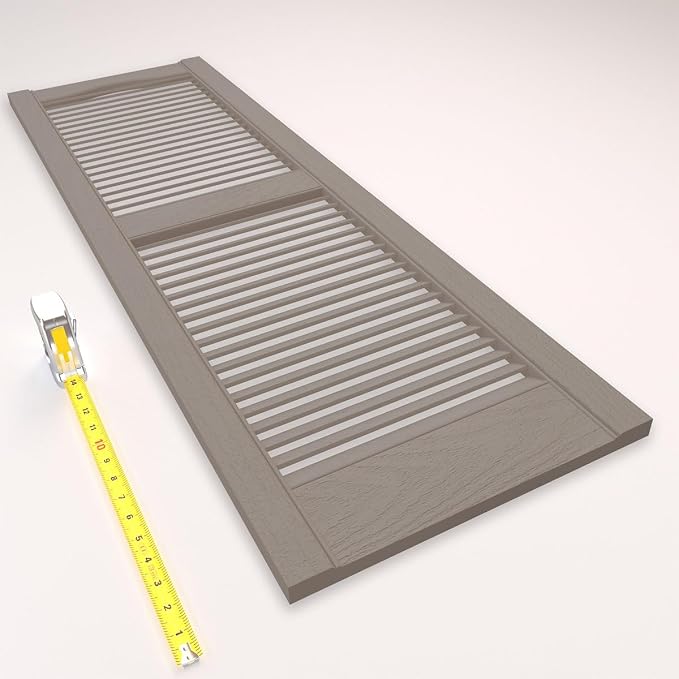 12"W x 80"H Lifetime Vinyl, Standard Cathedral Top Center Mullion, Open Louver Shutters, w/Installation Shutter-Lok's & Matching Screws (Per Pair), Clay