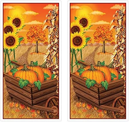 Beistle Decorative Fall Door Covers, 5’ x 30”, 2 Pieces – Plastic for Indoor & Outdoor Use – Easily Display – Harvest Decorations, Pumpkin Front Door Cover, Fall Season Decor by Beistle