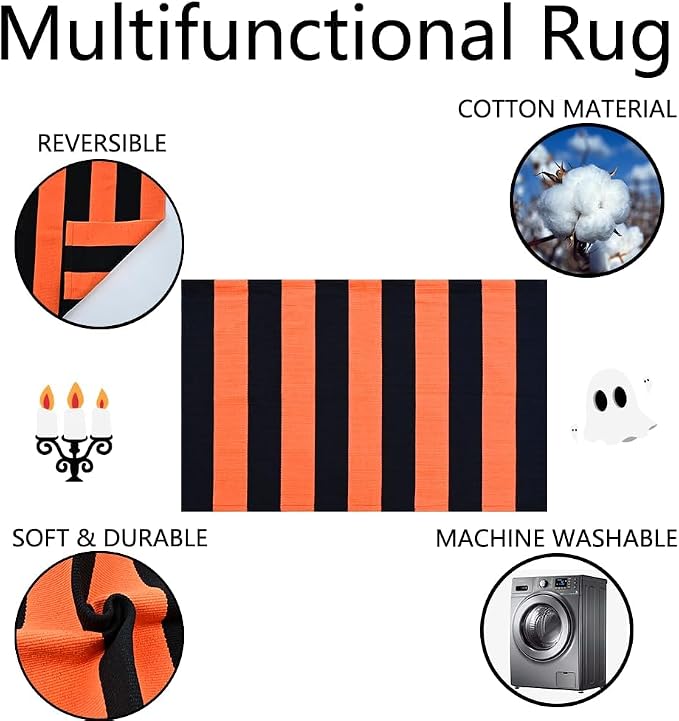 Halloween Decor Doormat Combo Set, 100% Coco Coir Welcome Mat + 3' x 5' Orange and White Striped Rug - Halloween Fall Front Porch Entryway Decor Floor Mat, Outdoor Autumn Mats Happy Halloween