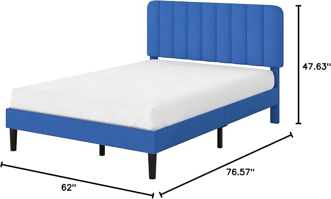 VECELO Queen Size Bed Frame with Upholstered Headboard, Velvet Platform Bedframe Mattress Foundation, Strong Wood Slat Support, No Box Spring Needed,Blue