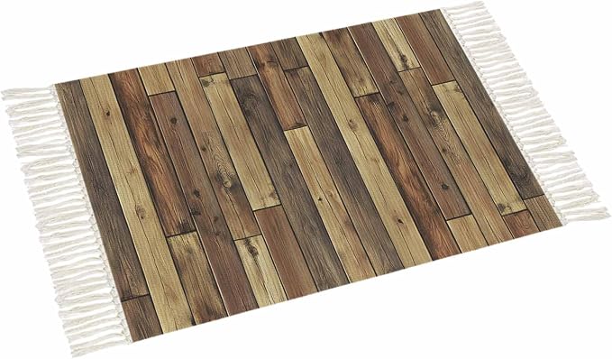 Brown Runner Rug 3X5 Ft Bedroom Area Rug, Washable Woven Vintage Country Wooden Grain Throw Carpet with Tassel, Non-Shedding Farmhouse Cabin Retro Plank Stitching Art Dining Room Living Room Carpets