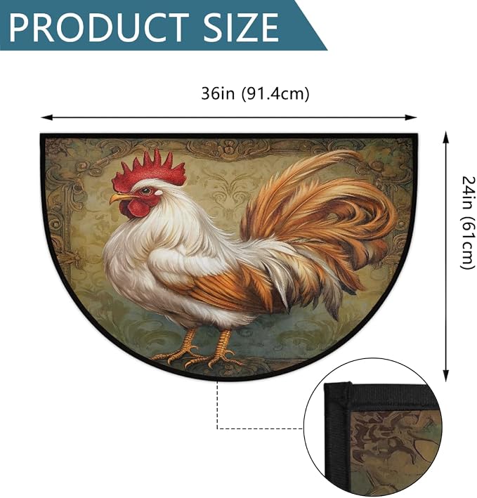 Rooster Flower Ethnic Half Round Door Mat Non-Slip Semi Circle Rug Washable Half Moon Floor Rug Absorbent Bathroom Area Rugs for Outdoor Indoor Fireplace Mat Entryway Kitchen Decor Rugs