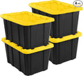 Sterilite Industrial Storage Tote with Lids for Garage, 27 Gallon, 4-Pack | Heavy-Duty and Stackable Utility Box Containers for Home, Office, and Basement Organization, Black/Yellow