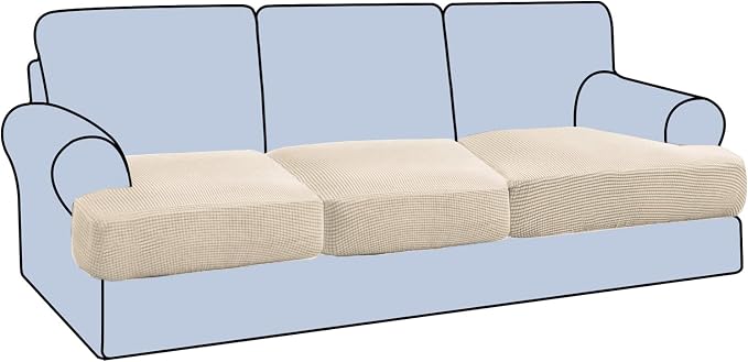 H.VERSAILTEX Stretch 3 Piece T Cushion Sofa Slipcovers Individually Sofa Cushion Covers for 3 Cushion Couch Sofa Seat Cushion Covers with Elastic Bands Featuring Thicker Jacquard Fabric, Natural