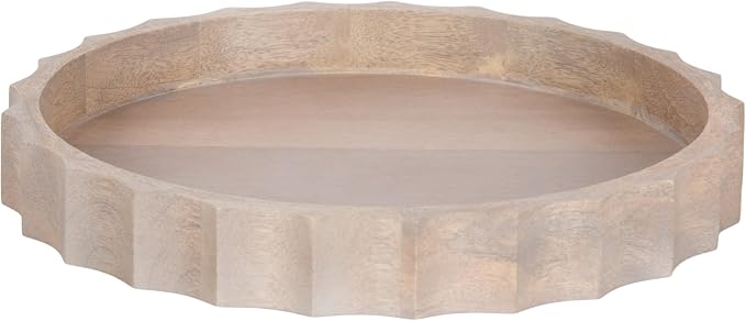 Kate and Laurel Lissi Decorative Round Tray with Wavy Design; 15 Inch Diameter; Natural Wood; Modern Scalloped Circle Serving Tray for Coffee Table Ottoman; Dining Table; or Entryway Tray