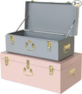 Vixdonos Decorative Metal Box Storage Trunks Set of 2 College Dorm Chest with Lock Hole,23.7X14.2X9.5 Inches(Grey and Pink)