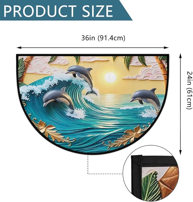 Dolphin Beach Sea Half Round Door Mat Non-Slip Semi Circle Rug Washable Half Moon Floor Rug Absorbent Bathroom Area Rugs for Outdoor Indoor Fireplace Mat Entryway Kitchen Decor Rugs