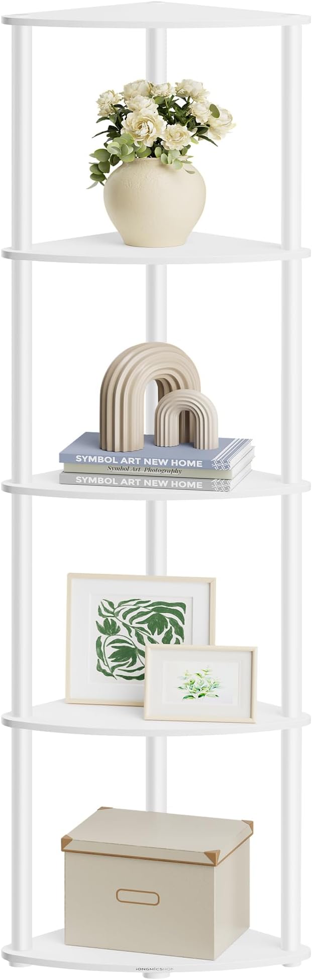 SONGMICS HOME Superfast Toolless Assembly, Corner Shelf Stand, 5-Tier Corner Standing Shelf, Living Room, Bedroom, Kitchen, 15 x 10.6 x 54.7 Inches, Snow White ULBC610W01