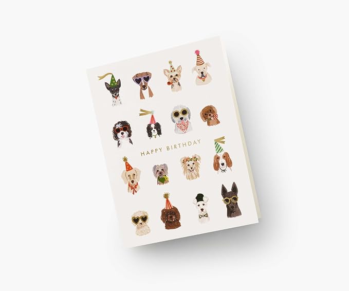 RIFLE PAPER CO. Party Pups Birthday Cards, Boxed Set of 8 Folded Cards with Metallic Gold Envelopes, Full-Color Illustration, Blank Interior, 4.25" L x 5.5" W