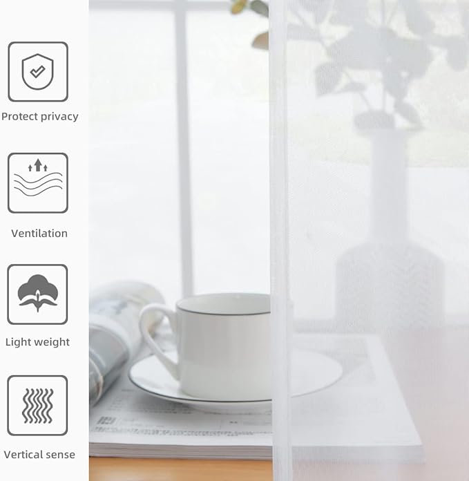 youleyar Solid Sheer Rod Pocket Curtain Voile Draperies 2 Panels White Beige Black Grey Coffee 38 Inch Width 45 Inch Long 1 Pair for Kitchen Bedroom Children Living Room Yard(White,38Wｘ45L)