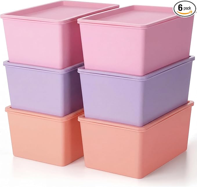 Menkxi 6 Pcs Storage Bins with Lids Small Plastic Storage Containers Stackable Storing Baskets Box Cute Organizer Bins for Organizing Shelves (Pink,Purple)