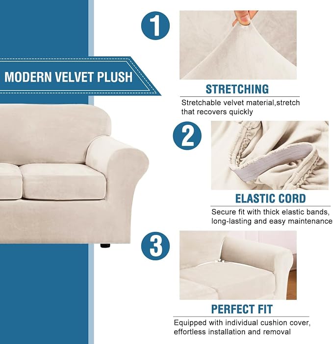 H.VERSAILTEX High Stretch Sofa Slipcover 4 Piece Cover Velvet Furniture Protector Form Fit Thick Velvet Extra Large Sofa Cover for 3 Cushion Couch Width Up to 97 Inch (Large Sofa, Cream)