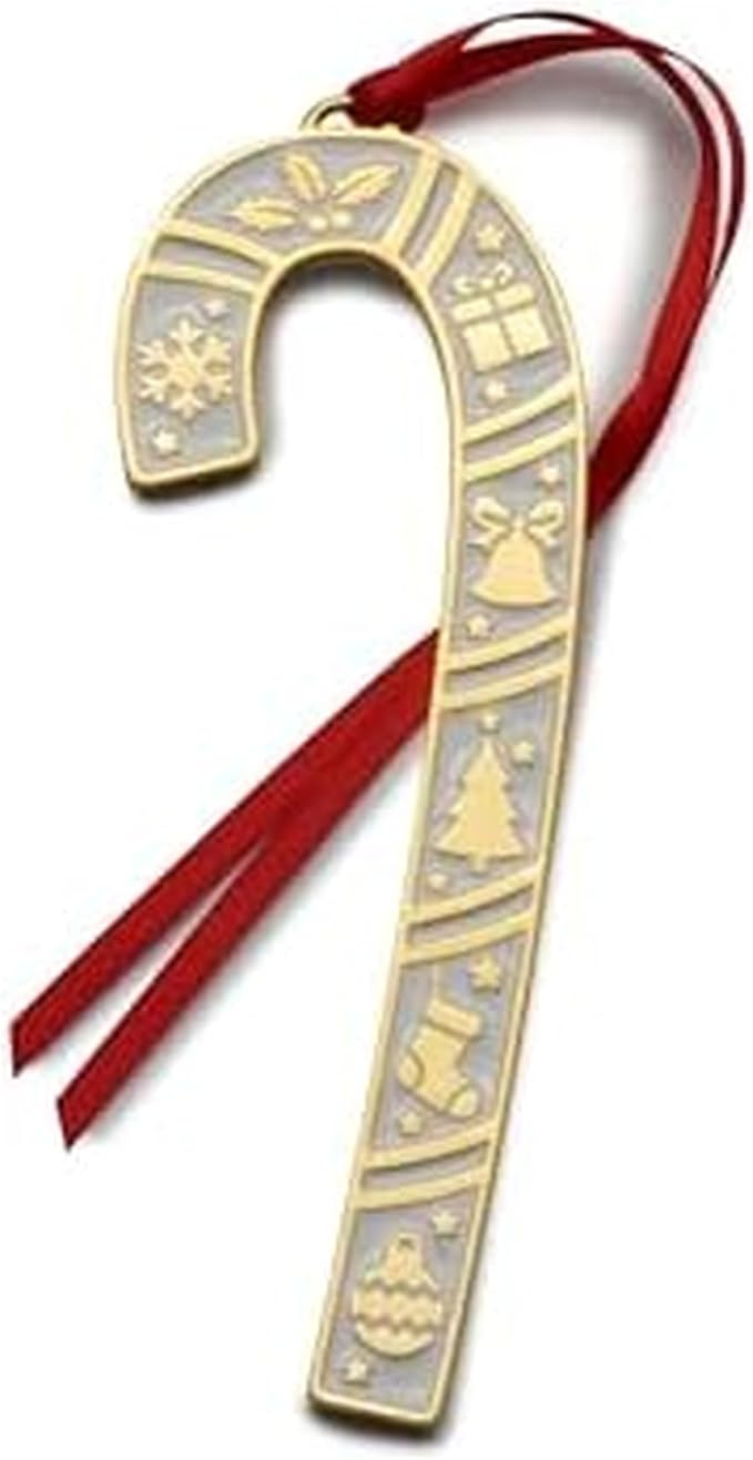 Wallace 2025 Gold-Plated Enamel Candy Cane Ornament - 45th Anniversary Edition - 24k Gold with Blue Enamel and Snowflake Design - 4.5 Inches - Holiday Collectible