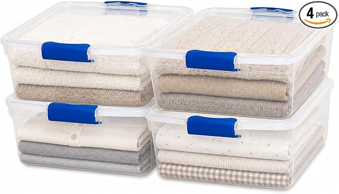 HOMZ Clear Plastic Storage Bins with Latching Lid, 15.5 Qt, Blue, 4 Pack | Stackable Container Set for Home, Office Shelves, Kitchen, Garage, and Bathroom Organization