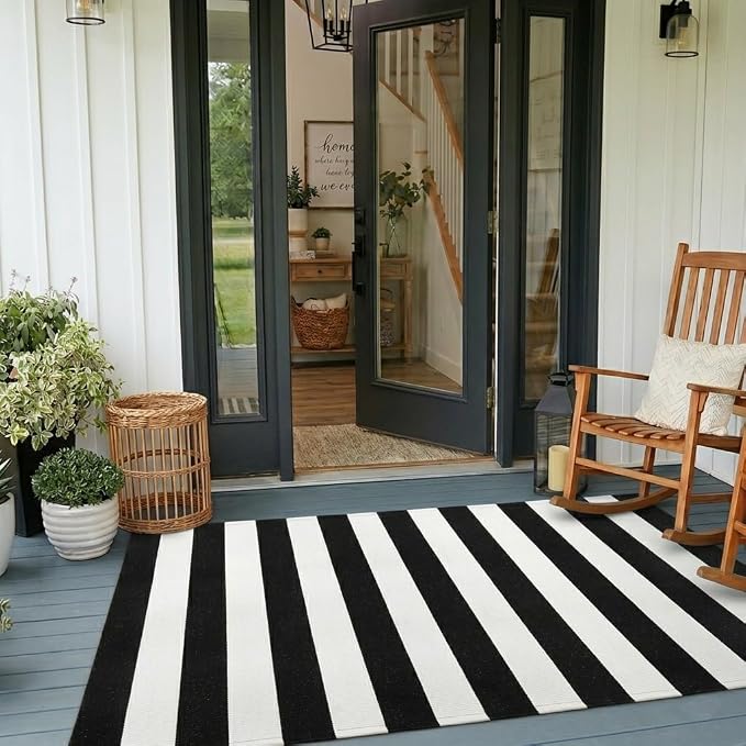 LEEVAN Black and White Outdoor Rug 4x6, Cotton Washable Outdoor Patio Rug, Black Striped Reversible Rug for Balcony Decor, Woven Entryway Rug for Layered Door Mats Porch/Front Door