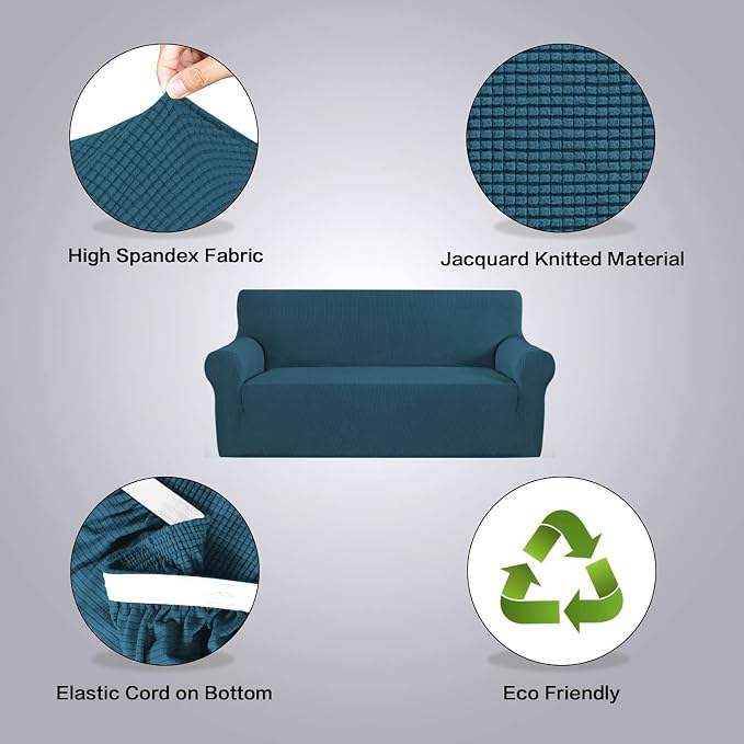 H.VERSAILTEX Stretch Sofa Covers 4 Seater Sofa Slipcovers for Living Room Feature Thick Checked Jacquard Fabric with Elastic Bottom, Sofa X-Large - Deep Teal