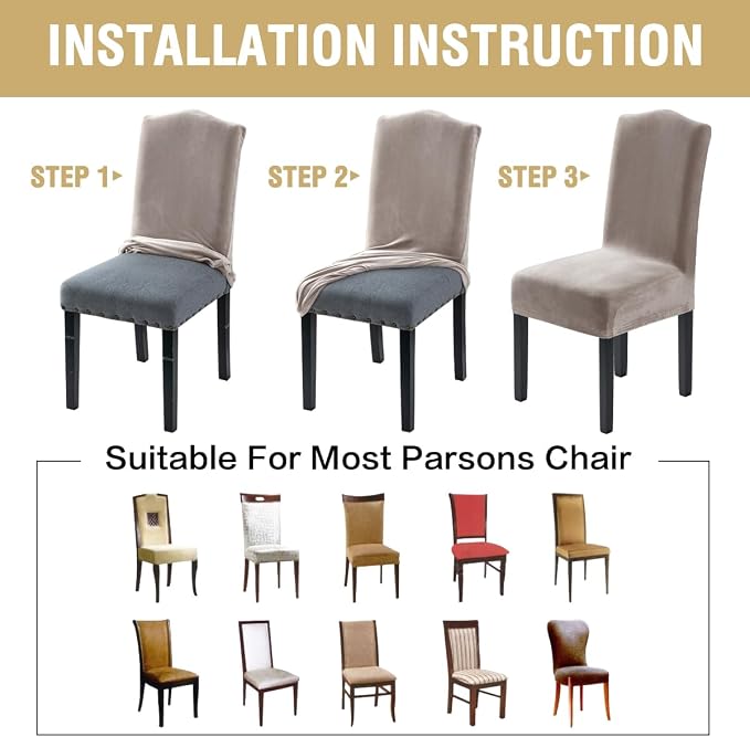 H.VERSAILTEX Velvet Dining Chair Covers Stretch Chair Covers for Dining Room Set of 6 Parson Chair Slipcovers Chair Protectors Covers Dining, Soft Thick Solid Velvet Fabric Washable, Taupe