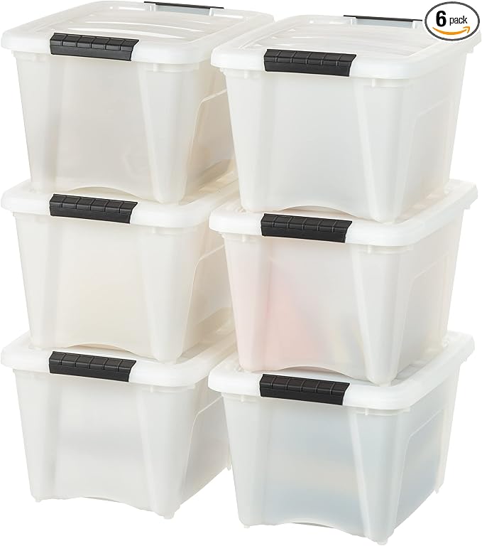 IRIS USA 6-Pack 19 Quart Storage Bins with Lids, Pearl | Conceals contents for a clean look. Great for linens, décor, closet storage, and supplies. Nestable design saves space