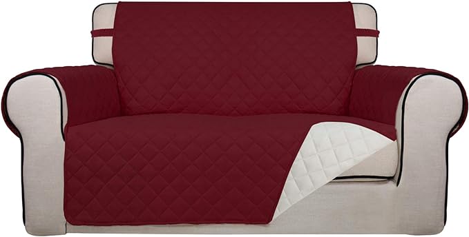 PureFit Reversible Quilted Sofa Cover, Water Resistant Slipcover Furniture Protector, Washable Couch Cover with Non Slip and Elastic Straps for Kids, Pets (Loveseat, Red/Ivory)