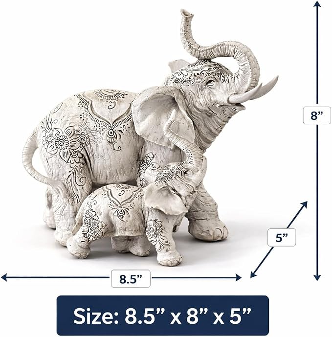 Large 8.25" W Decorative White Elephant and Baby with Tattoo Statue Feng Shui Decoration Religious Figurine Office Desk/Home/Living Room/Table Decor, Perfect House Warming Gifts for New Home