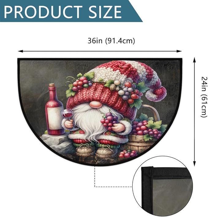 Gnome Wine Half Round Rug Half Moon Door Mat Half Circle Rugs | Grape Modern Washable Non-Slip Semi Circle Rug Welcome Half Round Door Mat Indoor Entrance Kitchen Bedroom Living Room Decor
