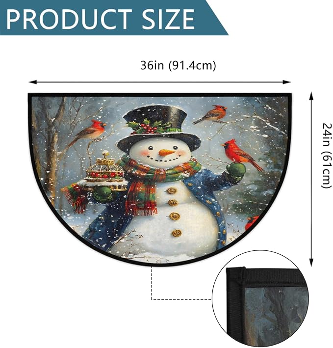 Christmas Xmas Half Round Door Mat Christmas Cardinal Cute Snowman Half Moon Rug Washable Half Circle Area Rugs Indoor Entrance Non Slip Semi Circle Rugs Floor Carpet for Kithen Bedroom Decorate Gift