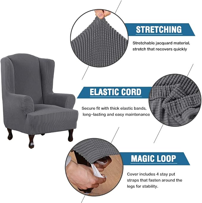 H.VERSAILTEX Wing Chair Slipcover Chair Covers for Wingback Chairs Wingback Chair Covers Slipcovers 1 Piece Stretch Sofa Cover Furniture Protector Spandex Jacquard Checked Pattern, Grey