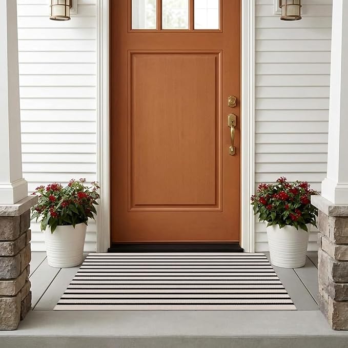 LEEVAN Outdoor Runner Rug 2x4.3 Black and White Striped Front Porch Rug | Layering Fall Doormat Farmhouse Front Porch Rug Cotton Woven Washable Throw Carpet Runner for Front Steps/Bathroom/Kitchen