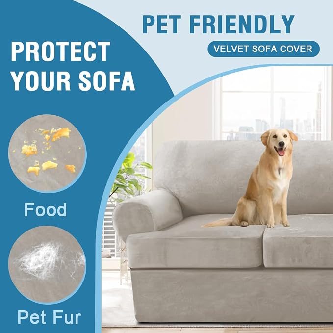 H.VERSAILTEX Sofa Cover 3 Piece T Cushion Loveseat Slipcovers Thick Velvet Couch Cover Stretch T Cushion Sofa Covers for 2 Cushion Couch with 2 Individual T Cushion Covers Washable, Oatmeal