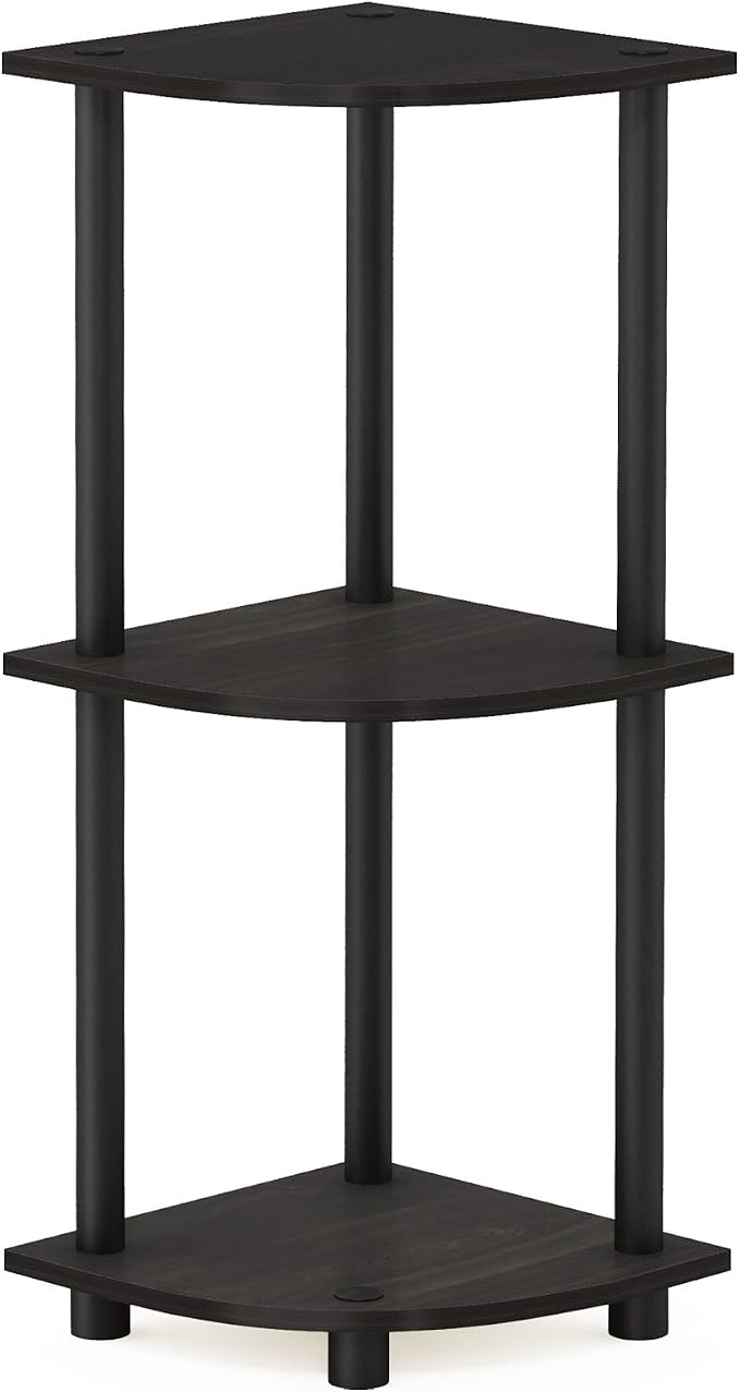 Furinno Turn-N-Tube Toolless Assembly 3-Tier Corner Shelf, Corner Book Shelf, Open Shelves Bookshelf, for Organization and Storage, Living Room, Home Office, Bedroom, Black Espresso