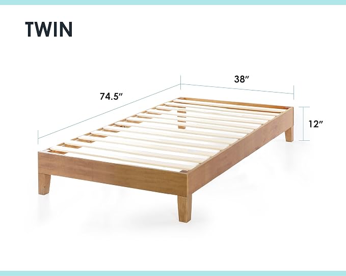 Mellow Naturalista Grand - 12 Inch Solid Wood Platform Bed with Wooden Slats - No Box Spring Needed - Queen (Natural Pine)