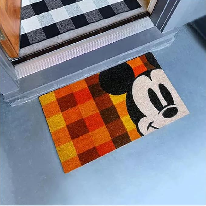 Gertmenian Disney Mickey Mouse Coir Doormat - 2x3 Welcome Mat (2-Pack), Ideal for High Traffic Areas in Front Door, Garage, Entryway - Mickey Hello Fall/Plaid, 46643