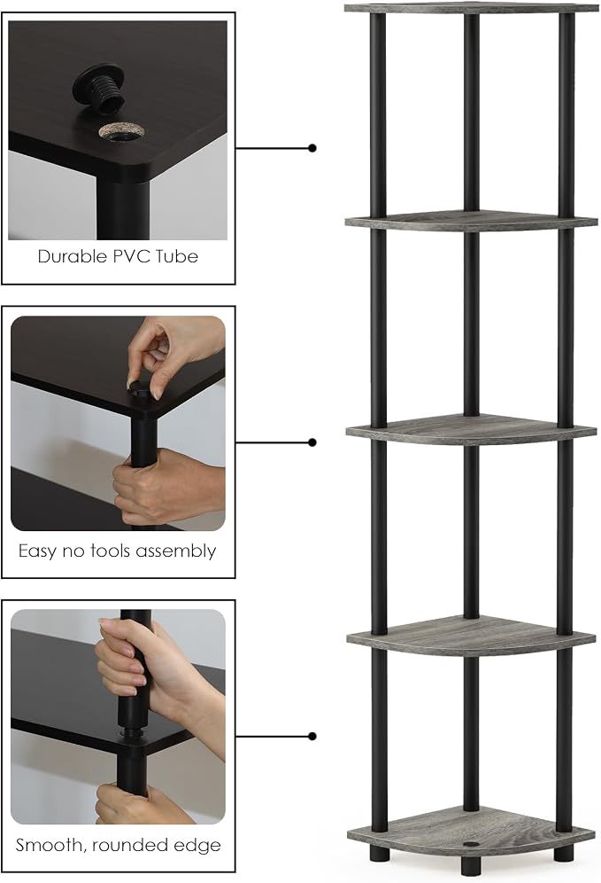 Furinno TURN-N-TUBE Corner Shelf, 5-Tier Corner Bookshelf, Open Storage Shelves, for Organization and Storage, Living Room, Home Office, Garage, Bedroom, French Oak