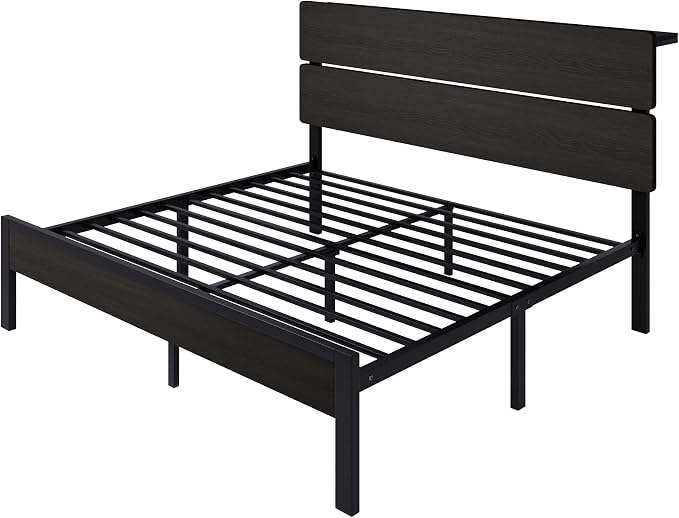 SHA CERLIN King Size Bed Frame, Led Light, Charging Station, Storage Shelf | Wooden Headboard, Heavy Duty Slats Support, Metal Platform Bed, Under Bed Storage, No Box Spring Needed, Noise Free, Black
